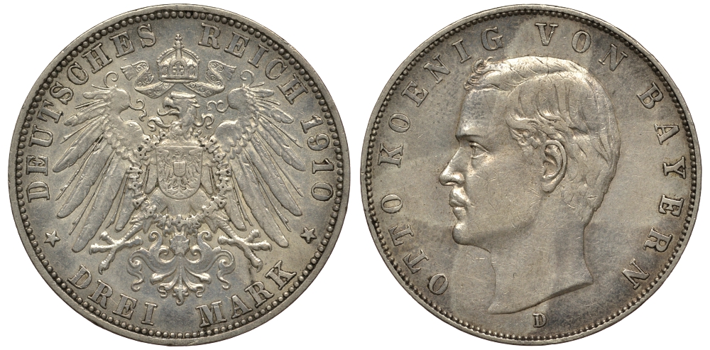 Бавария 3 марки 1910 Отто (1886-1913) Weege 45, J. 47, KM 515 серебро 413-5634