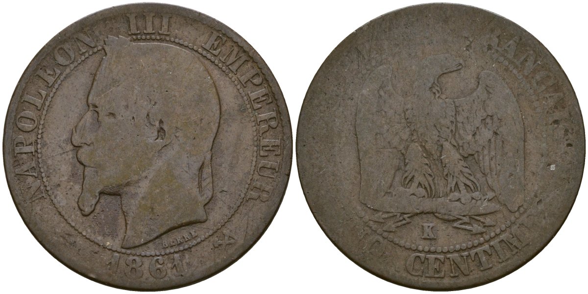 Франция 5 сантимов 1861 K - Бордо, Наполеон III (1852 - 1870) KM 797 бронза 51-1147