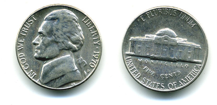 США 5 ЦЕНТОВ 1970 D, ДЖЕФФЕРСОН KM A192 медно-никель 53-453