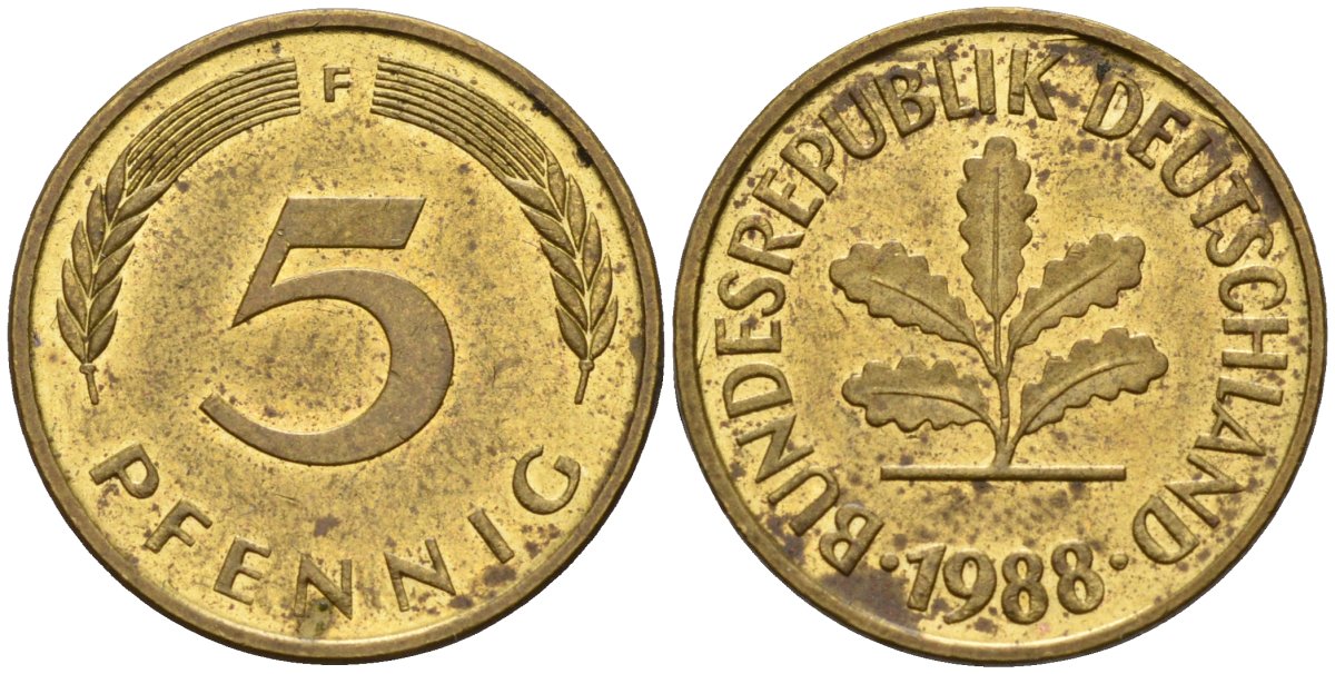 ФРГ 5 пфеннигов 1988 F KM 107, J.382 сталь плакированная латунью 4115-1232