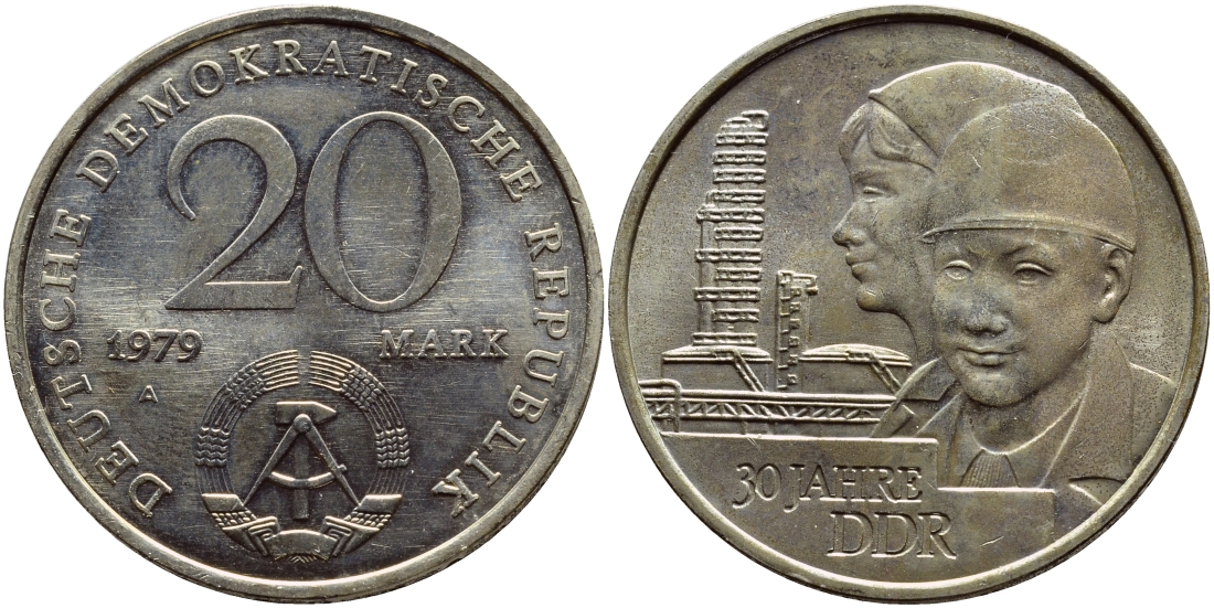 ГДР 20 марок 1979 A, 30 лет образования ГДР J. 1573, KM 75 медь никель цинк UNC 3897-1022