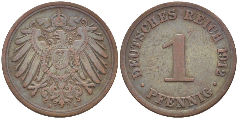 ГЕРМАНИЯ 1 ПФЕННИГ 1912 A KM 10, J.10 медь 110-222