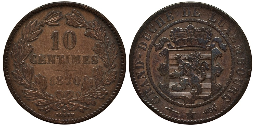 ЛЮКСЕМБУРГ 10 САНТИМОВ 1870 u, ГЕРЦОГ ВИЛЛЕМ III НИДЕРЛАНДСКИЙ (1849-1890), МОНДВОР УТРЕХТ, С ТОЧКОЙ НАД BARTH НА РЕВЕРСЕ КМ 23.1 бронза 4536-434