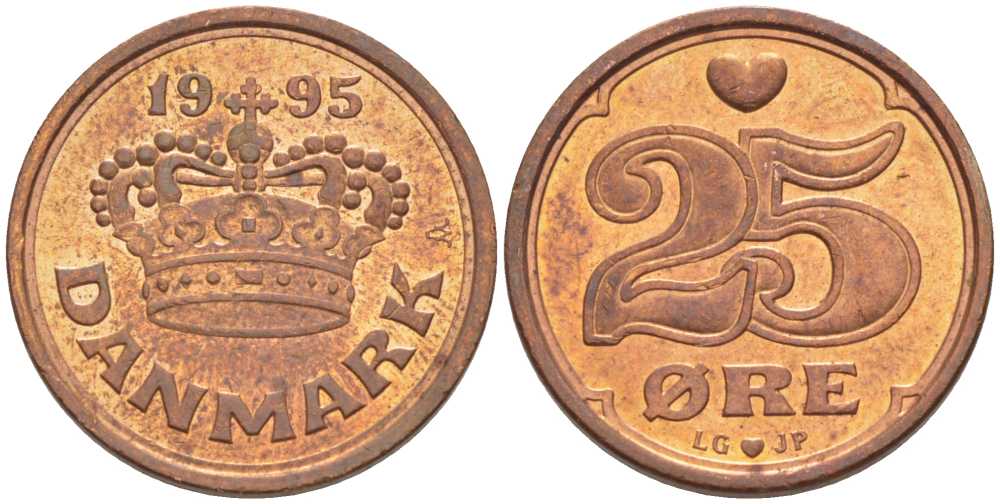 ДАНИЯ 25 ЭРЕ 1995 LG; JP; A, МАРГРЕТЕ II (1972-) KM 868.1 бронза 100-646