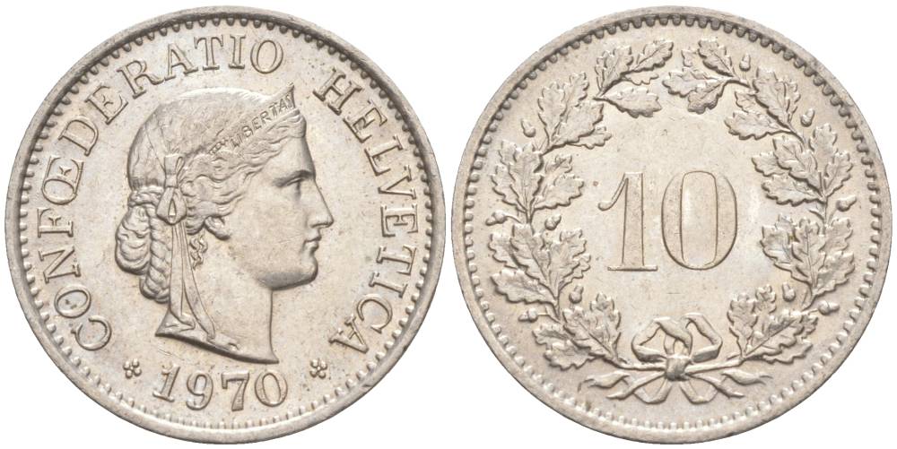 Швейцария 10 раппенов 1970 KM 27 медно-никель 55-426