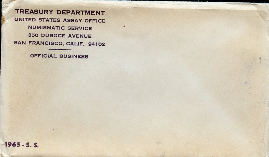 США официальный набор из 5 монет и жетона монетного двора 1965 Джон Кеннеди, оригинальный конверт, сертификат KM MS 118 серебро  UNC  1181-4-12