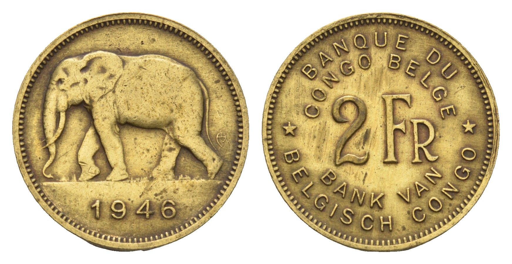 Бельгийское Конго 2 франка 1946 слон, Леопольд III KM 28 латунь 4670-1226