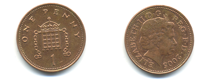 Великобритания 1 пенни 2005 Елизавета II (1952-2022) KM 986, Spink 4710 (B5) сталь плакированная медью 177-561