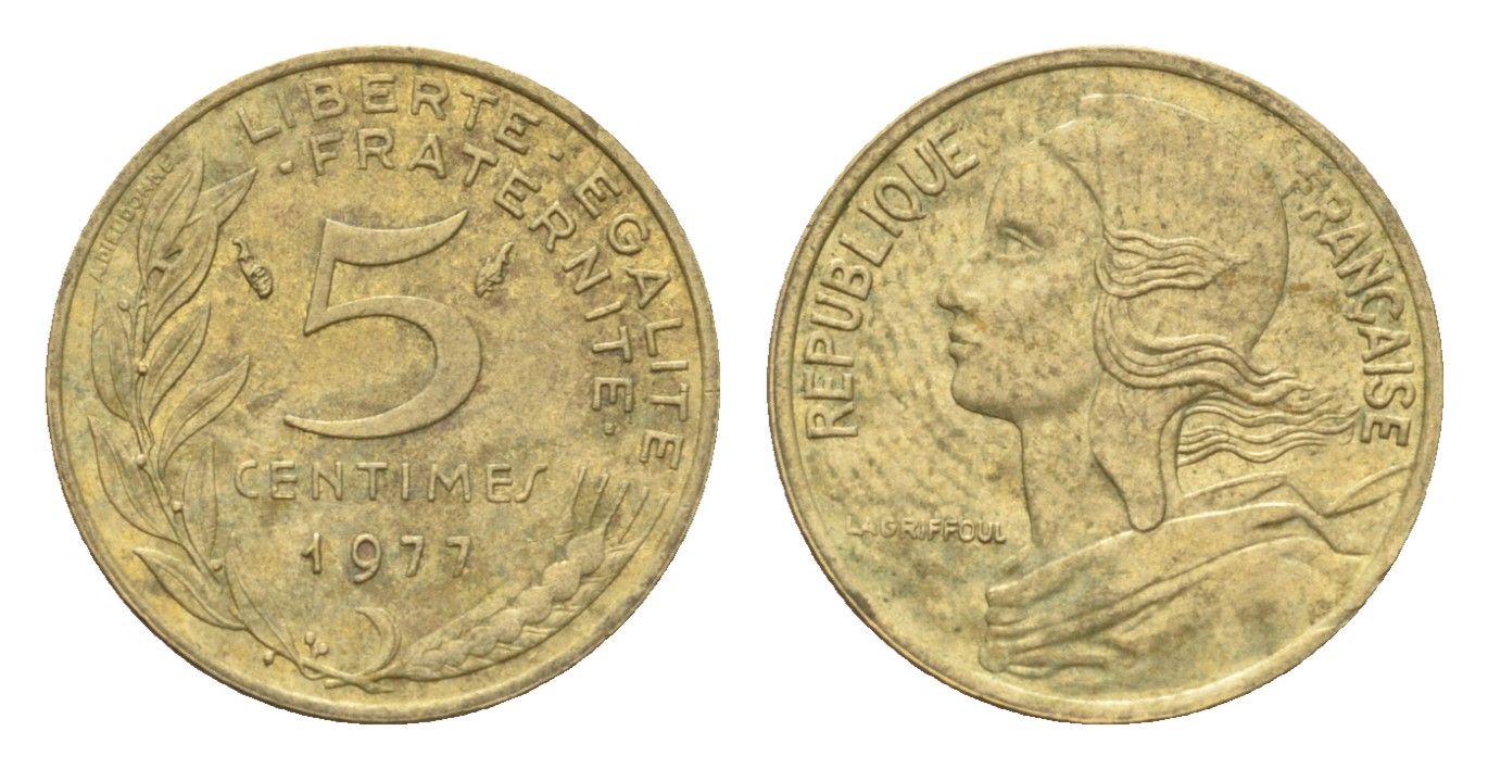 Франция 5 сантимов 1977 KM 933 алюминиевая бронза 4702-1238