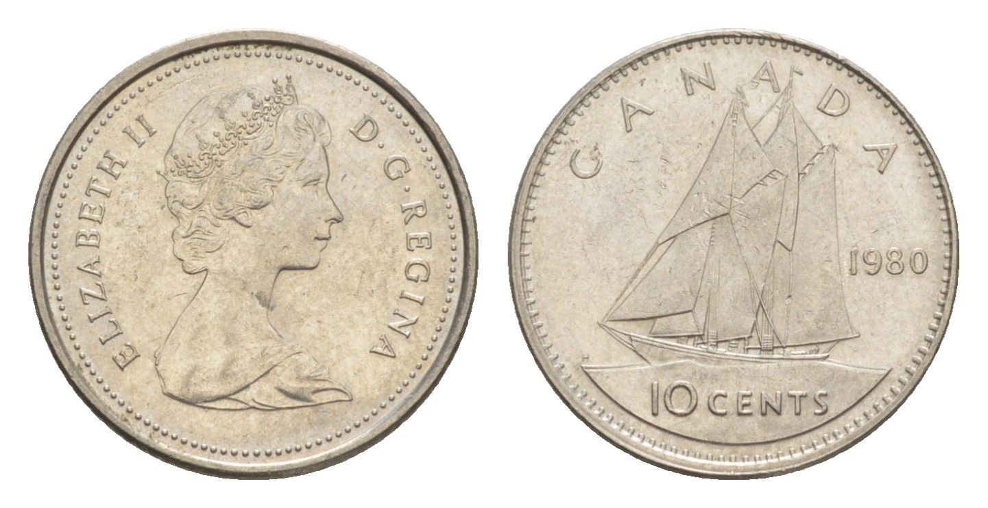 Канада 10 центов 1980 Елизавета II (1952-2022), парусник KM 77 никель 4639-642