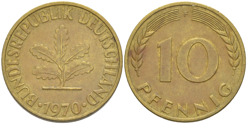ФРГ 10 ПФЕННИГОВ 1970 F KM 108, J. 383 сталь плакированная латунью 4182-815