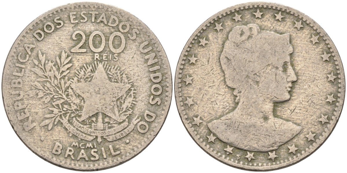 Бразилия 200 рейс 1901 голова свободы вправо KM 504 медно-никель 4589-1051