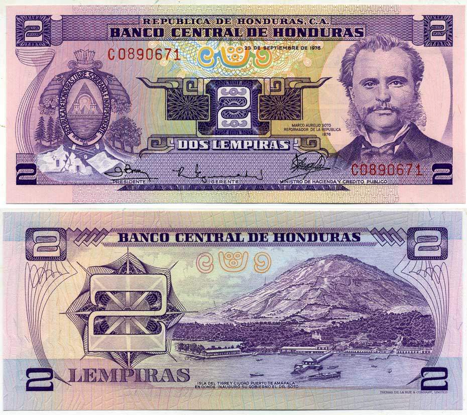 ГОНДУРАС 2 ЛЕМПИРЫ 1976 23 СЕНТЯБРЯ 1976, МАРКО АУРЕЛИО СОТО ПРЕЗИДЕНТ ГОНДУРАСА И РЕФОРМАТОР, ПОРТ АМАПАЛА Pick 61 бумага UNC (ПРЕСС) 7548-103-2