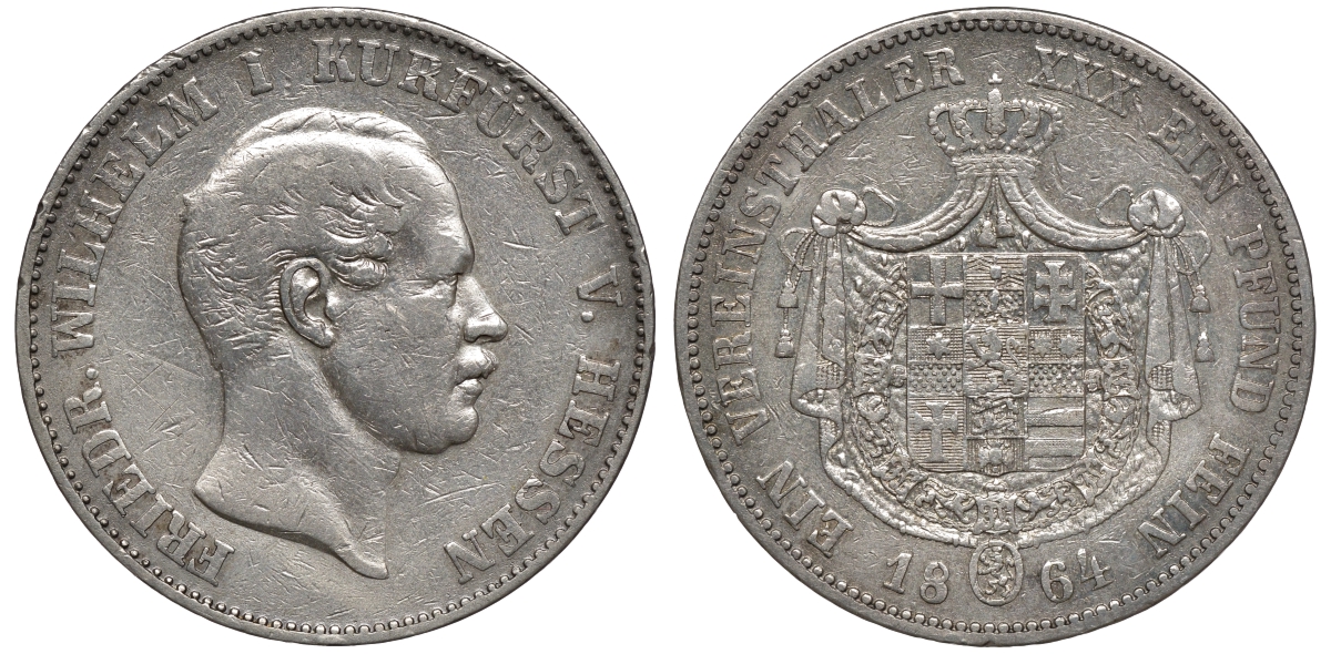 Гессен-Кассель 1 талер 1864 Фридрих Вильгельм I (1848-1866) КМ 621.2, AKS 62, Jaeger 48a, Dav. 697 серебро 00-000-00
