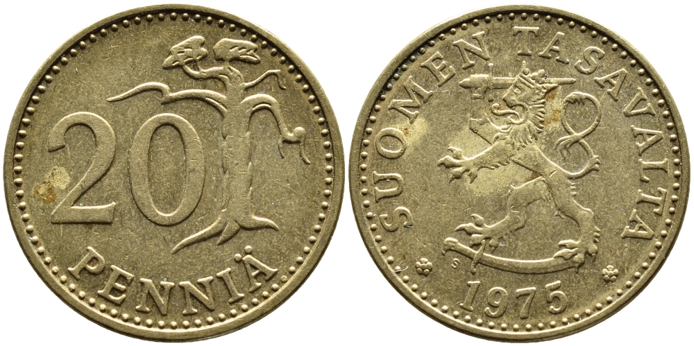 ФИНЛЯНДИЯ 20 ПЕННИ 1975 S KM 47 алюминиевая бронза 4388-633