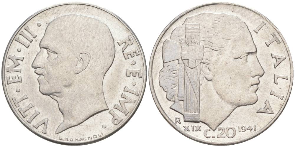 ИТАЛИЯ 20 ЧЕНТЕЗИМО 1941 R, ГОД XIX, ВИКТОР ЭММАНУИЛ III (1900-1946) KM 75b, VEM3. 1028 нержавеющая сталь 3853-1025