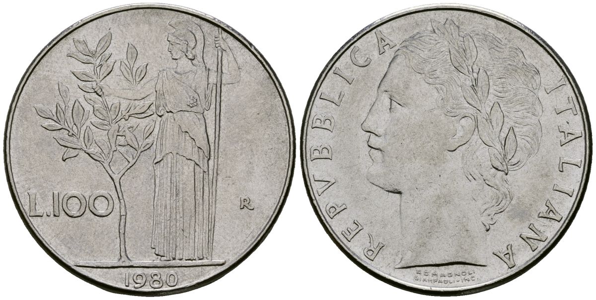 Италия 100 лир 1980 KM 96.1 нержавеющая сталь 4165-1034