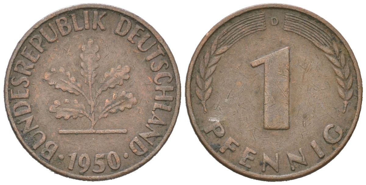 ФРГ 1 пфенниг 1950 A KM 105, J.380 сталь плакированная медью 3955-1143
