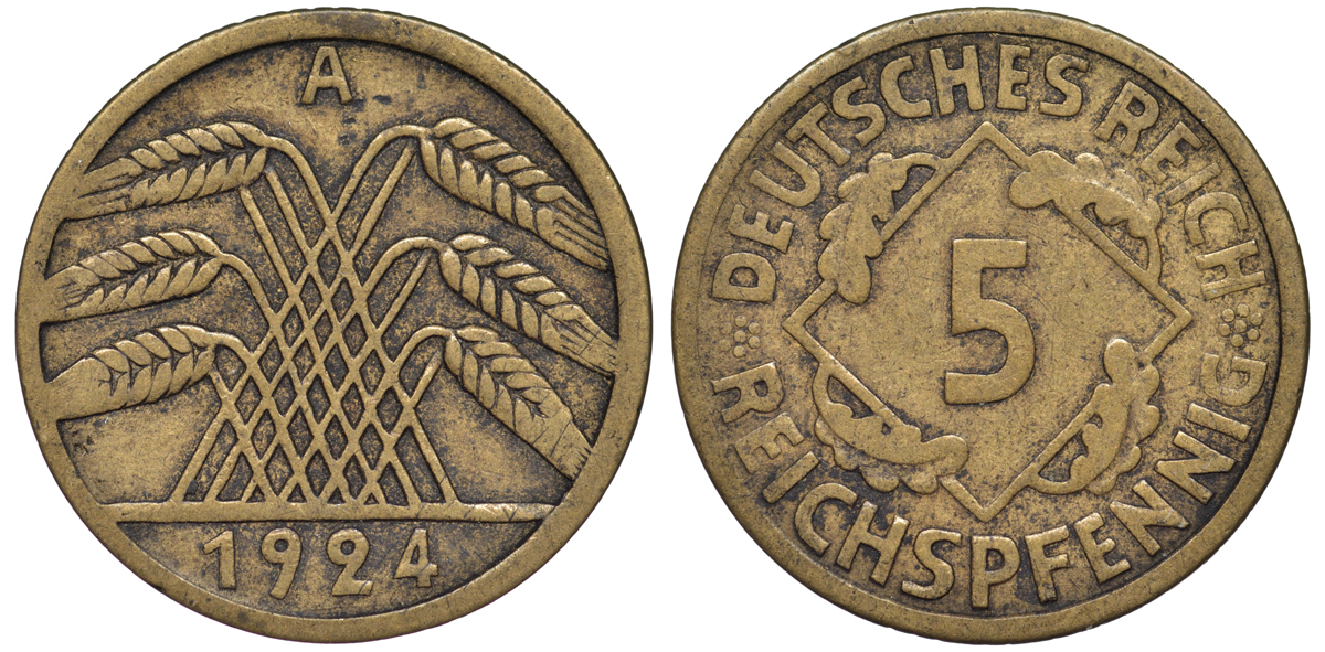 Германия 5 рейхспфеннигов 1924 A KM 39, J. 316 алюминиевая бронза 4602-1231