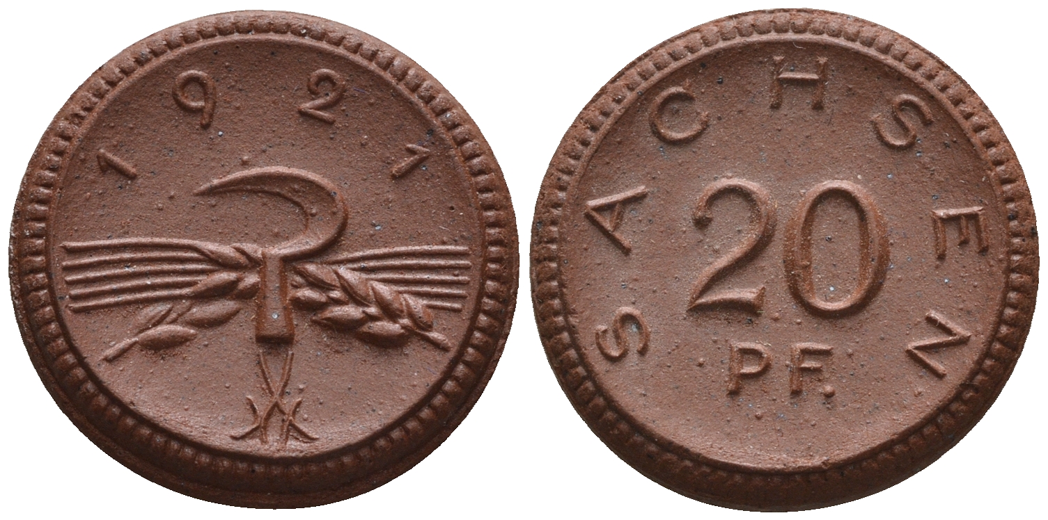 Саксония 20 пфеннигов 1921 колосья и серп J. N 53 фарфор UNC 1094-8-14