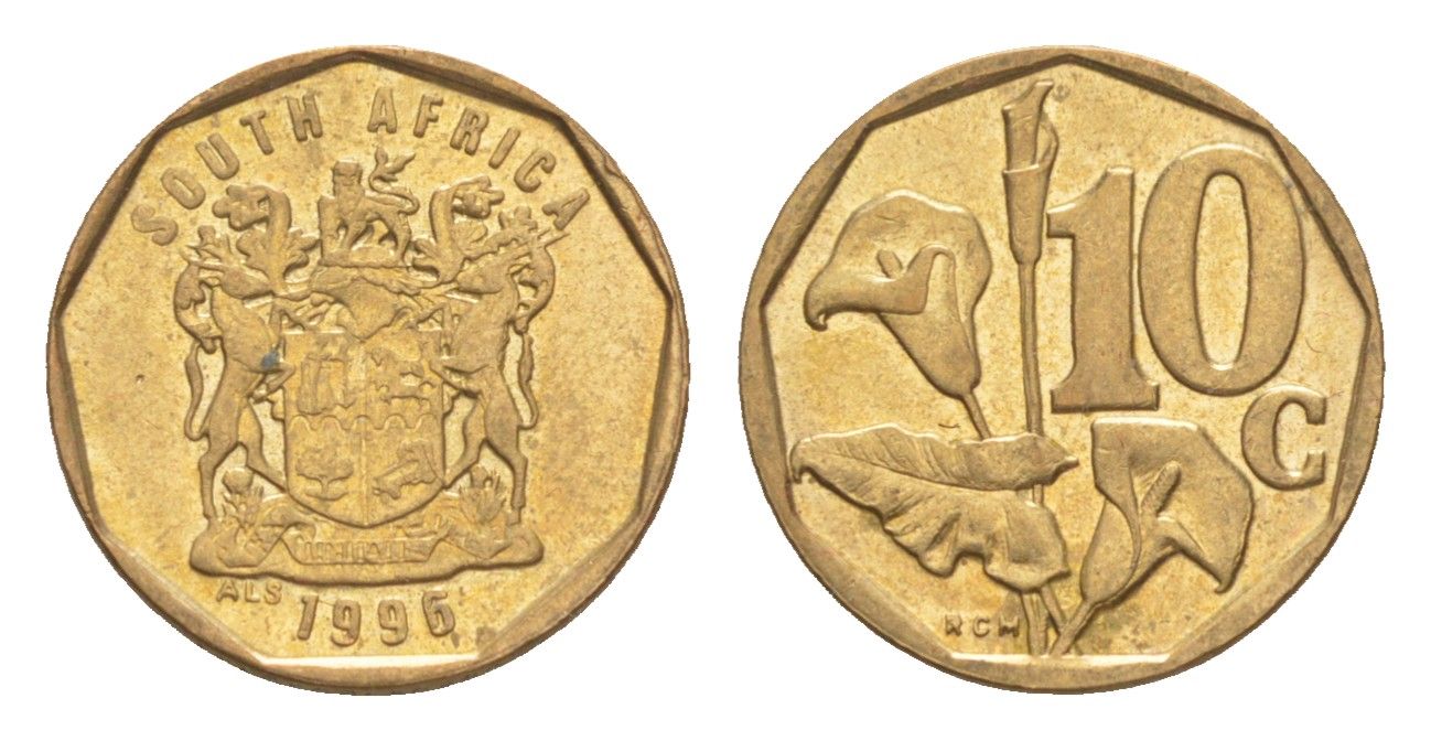 ЮАР 10 центов 1996 герб, цветок алоэ KM 161 сталь плакированная бронзой 4621-923