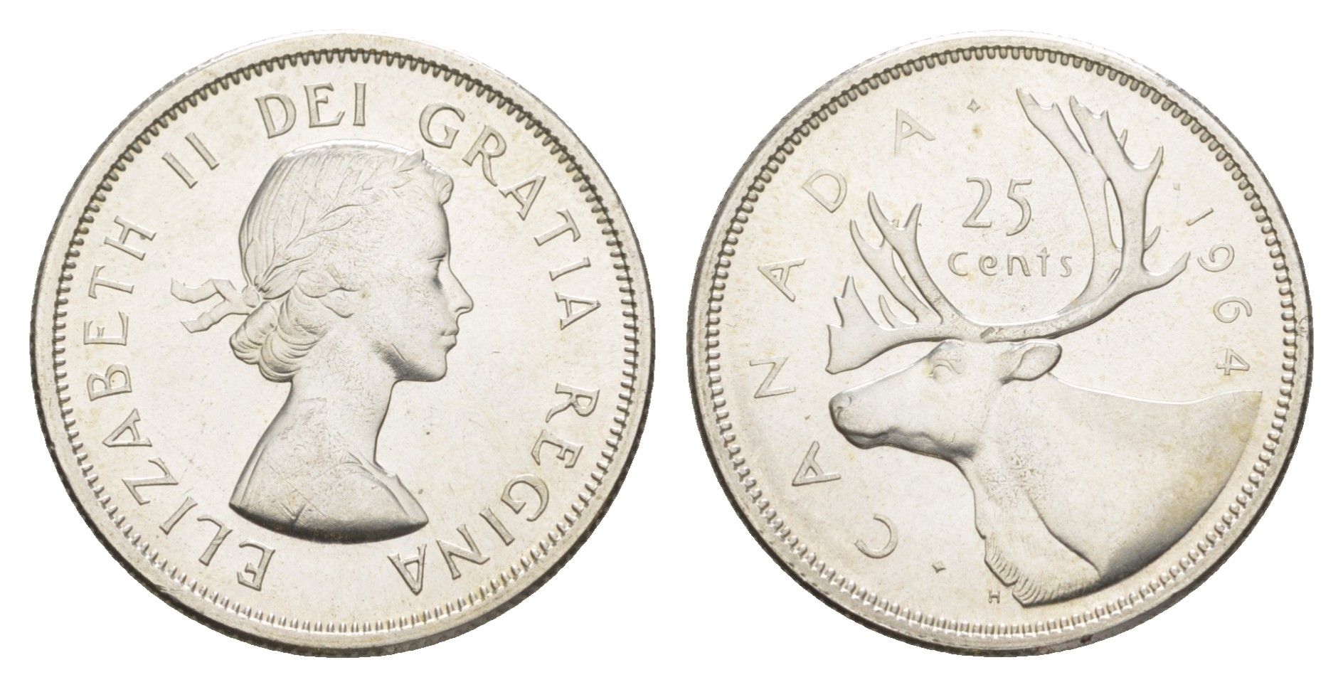 Канада 25 центов 1964 Елизавета II (1952-2022), олень KM 52 серебро UNC 4541-446