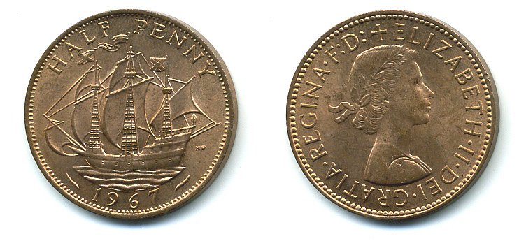 Великобритания 1/2 пенни 1967 Елизавета II (1952-2022) KM 896, Spink 4158 бронза UNC 4110-516