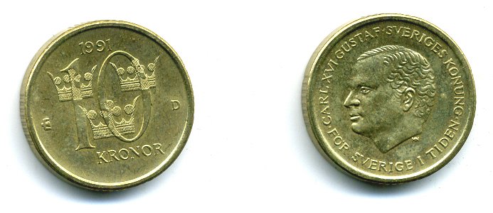 Швеция 10 крон 1991 D Карл XVI Густав (1973- ) KM 877 медь алюминий цинк 37-1224