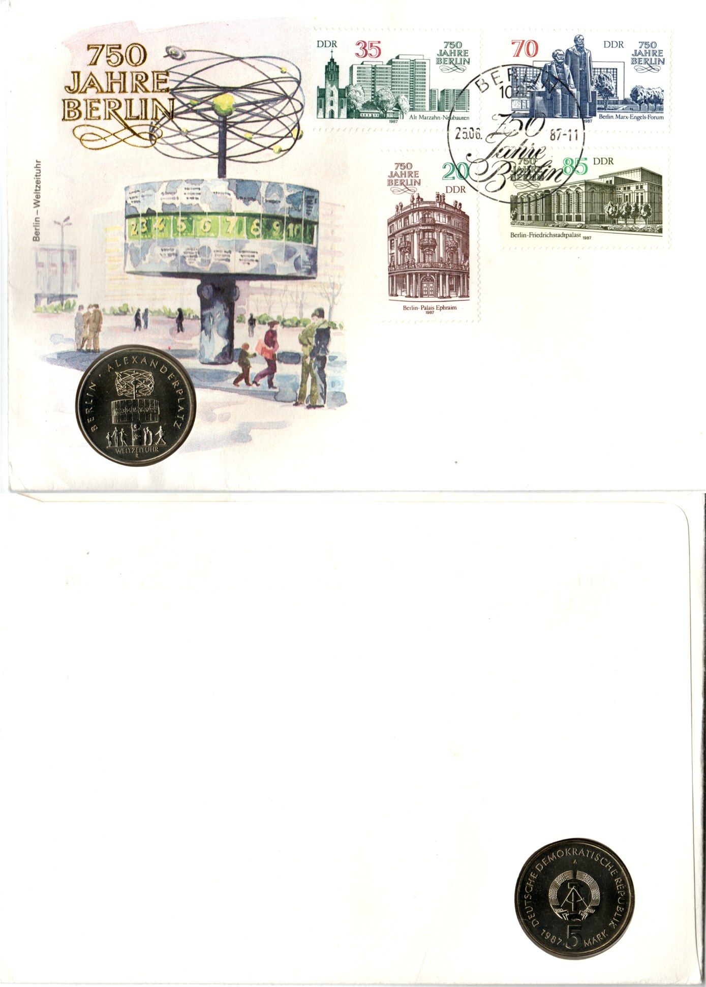 ГДР 5 марок 1987 750 лет Берлину, Александрплац, в конверте с маркой (КПД - Конверт первого дня Гашения) KM 116 медь цинк никель UNC 9000-08