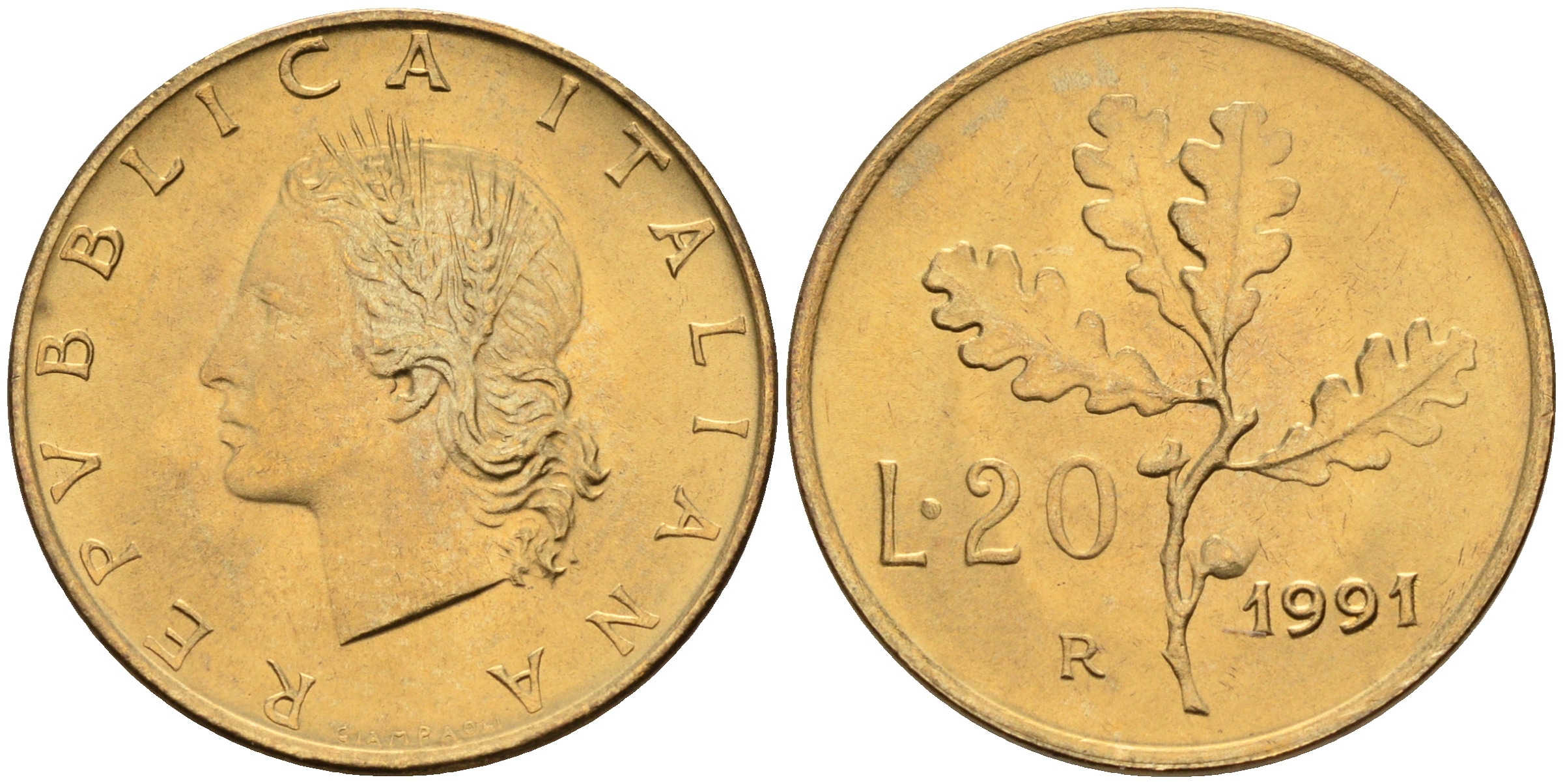 Италия 20 лир 1991 R, дубовый лист KM 97.2 алюминиевая бронза  UNC  4594-828