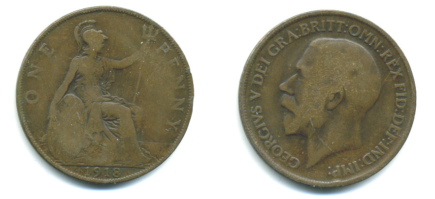 Великобритания 1 пенни 1918 Георг V (1910-1936) KM 810, Spink 4051 бронза 4383-622