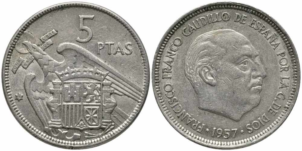 ИСПАНИЯ 5 ПЕСЕТ 1957 (64) ФРАНСИСКО ФРАНКО ДИКТАТОР ИСПАНИИ (1939-1975) KM 786 медно-никель 113-122