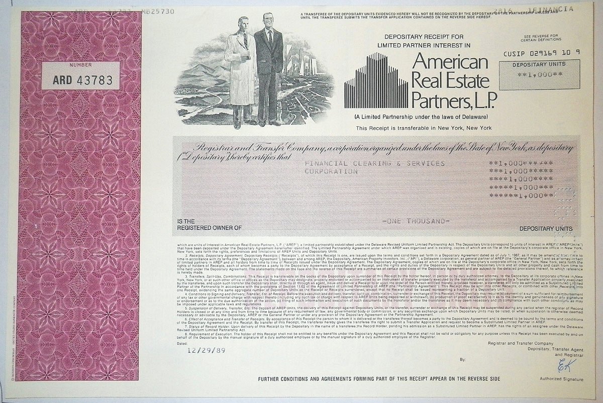 США, AMERICAN REAL ESTATE PARTNERS, L.P. 1000 акций 1989 США бумага 00-00