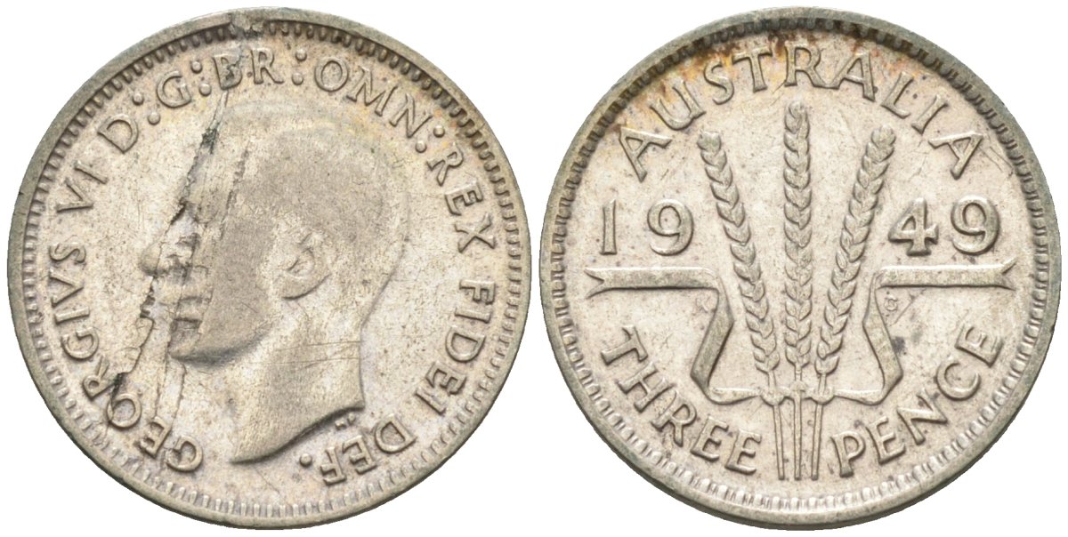 Австралия 3 пенса 1949 KG, Георг VI (1937-1952) KM 44 серебро 4585-262