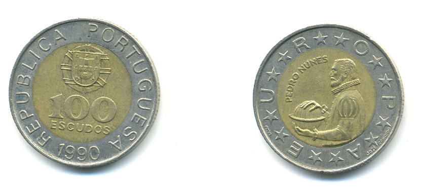 Португалия 100 эскудо 1990 Педру Нуниш (1502-1578), математик KM 645.1 биметалл 89-637