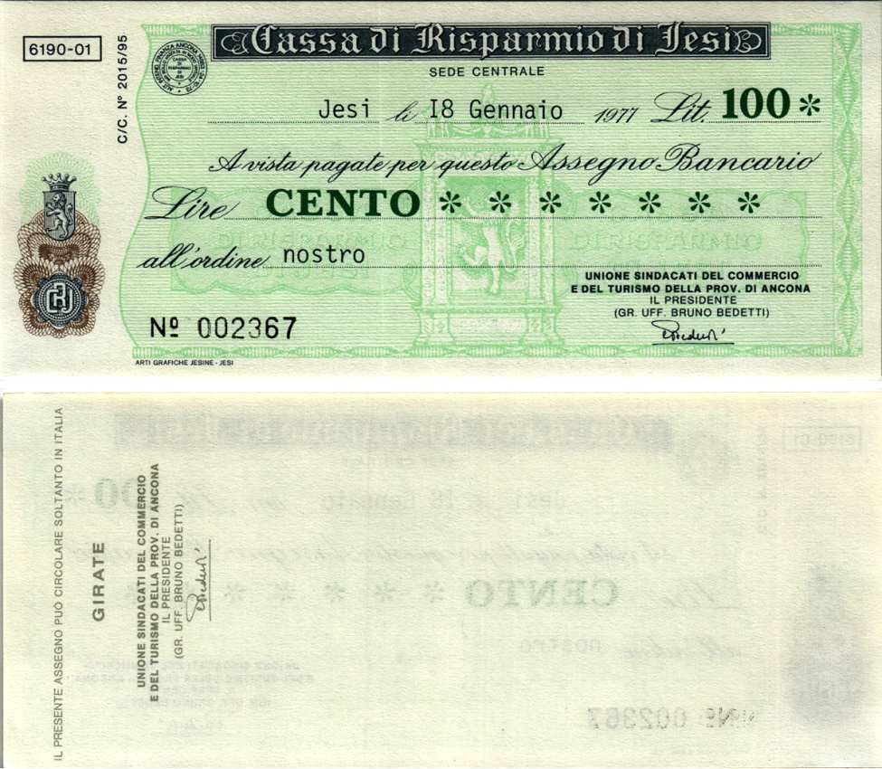 Италия чек на 100 лир 1977 18 января 1977, Cassa Di Risparmio Di jesi бумага UNC (пресс) 7204-50-1-2