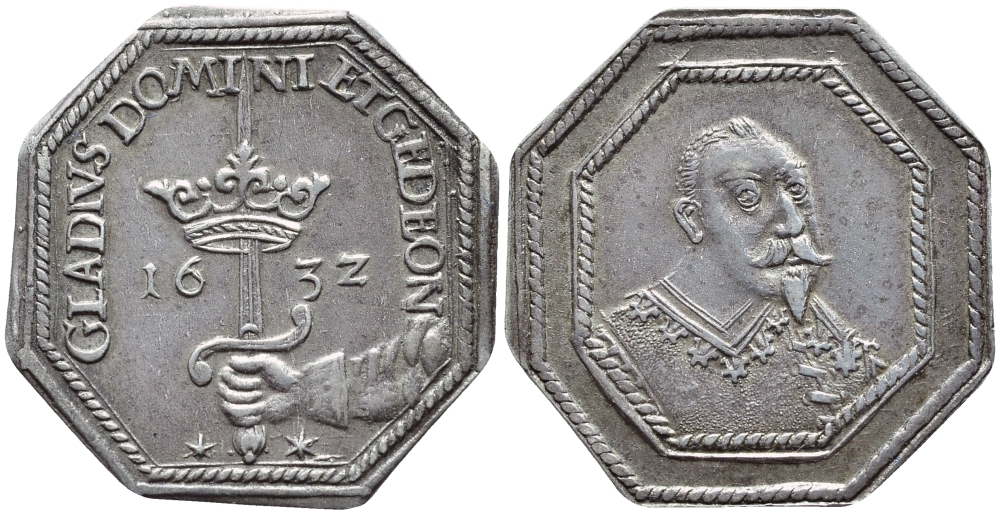 ШВЕЦИЯ МЕДАЛЬ 1632 НА СМЕРТЬ ГУСТАВА II АДОЛЬФА, ВОСЬМИУГОЛЬНАЯ , 21 ММ., ВЕС 3,01 ГР. HILDEBRAND 64, SCHULTZE 75.22 серебро 4395-1042