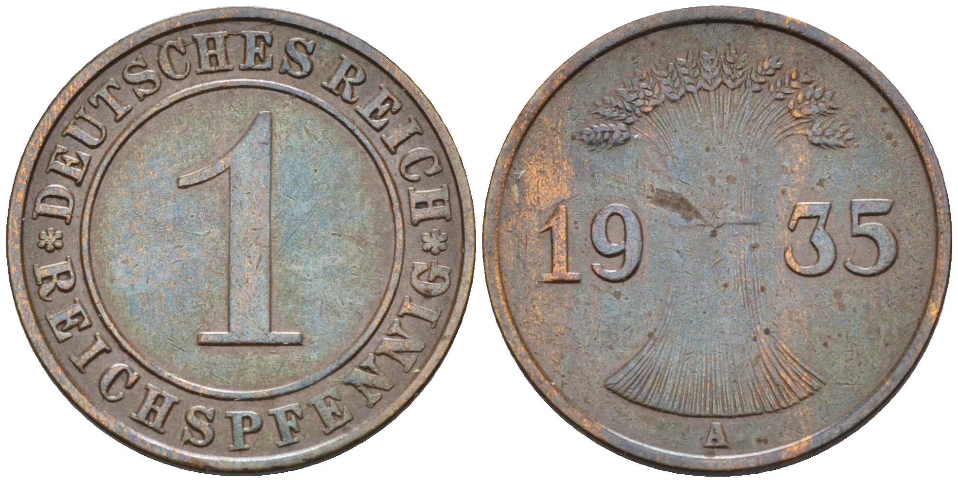 Германия 1 рейхспфенниг 1935 A KM 89, J.313 бронза 4594-844