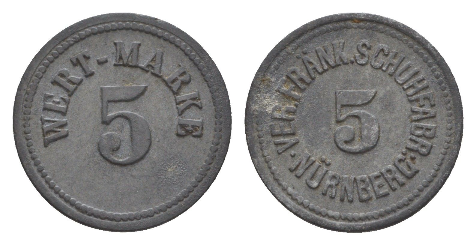 Нюрнберг 5 пфеннигов ND Обувная фабрика, Wert Marke Men05 19344.3, Men18 24214.3 цинк 1528-721