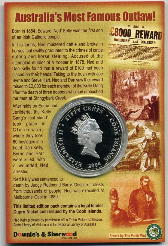 Острова Кука 50 центов 2004 разбойник Нед Келли, цветная эмаль, в оригинальном буклете KM 1144 медно-никель PROOF 4-5-1-9