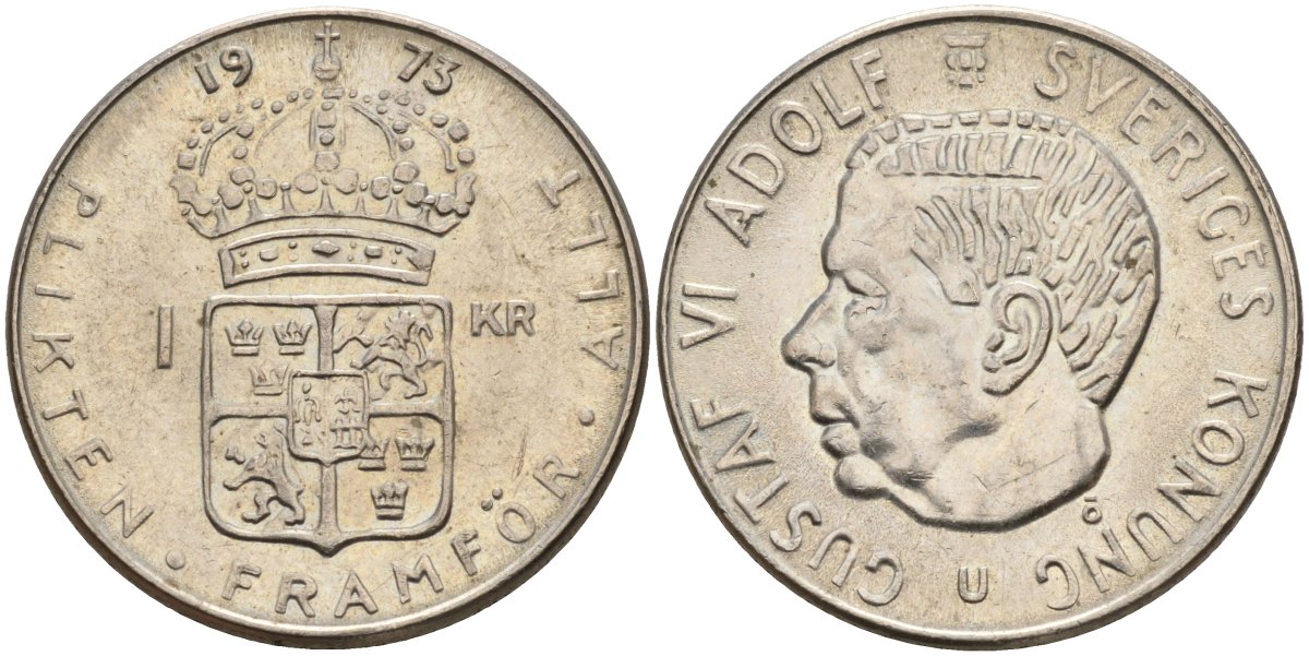 Швеция 1 крона 1973 U, Густав VI Адольф (1950-1973) KM 826a медь плакированный медно-никелем 4150-347