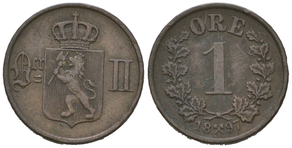 Норвегия 1 эре 1897 Оскар II (1872-1905) KM 352 медь 4611-229