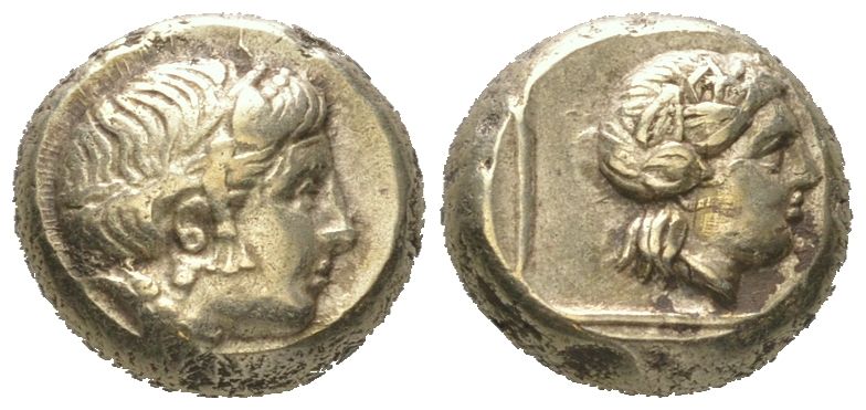 о-в Лесбос, Митилена гекта (1/6 статера) 417-378 гг. до н.э. голова Ио/голова Диониса, 2,55 гр, ex. Kuenker 2011 год Bodenstedt 77 электр 00-000-00