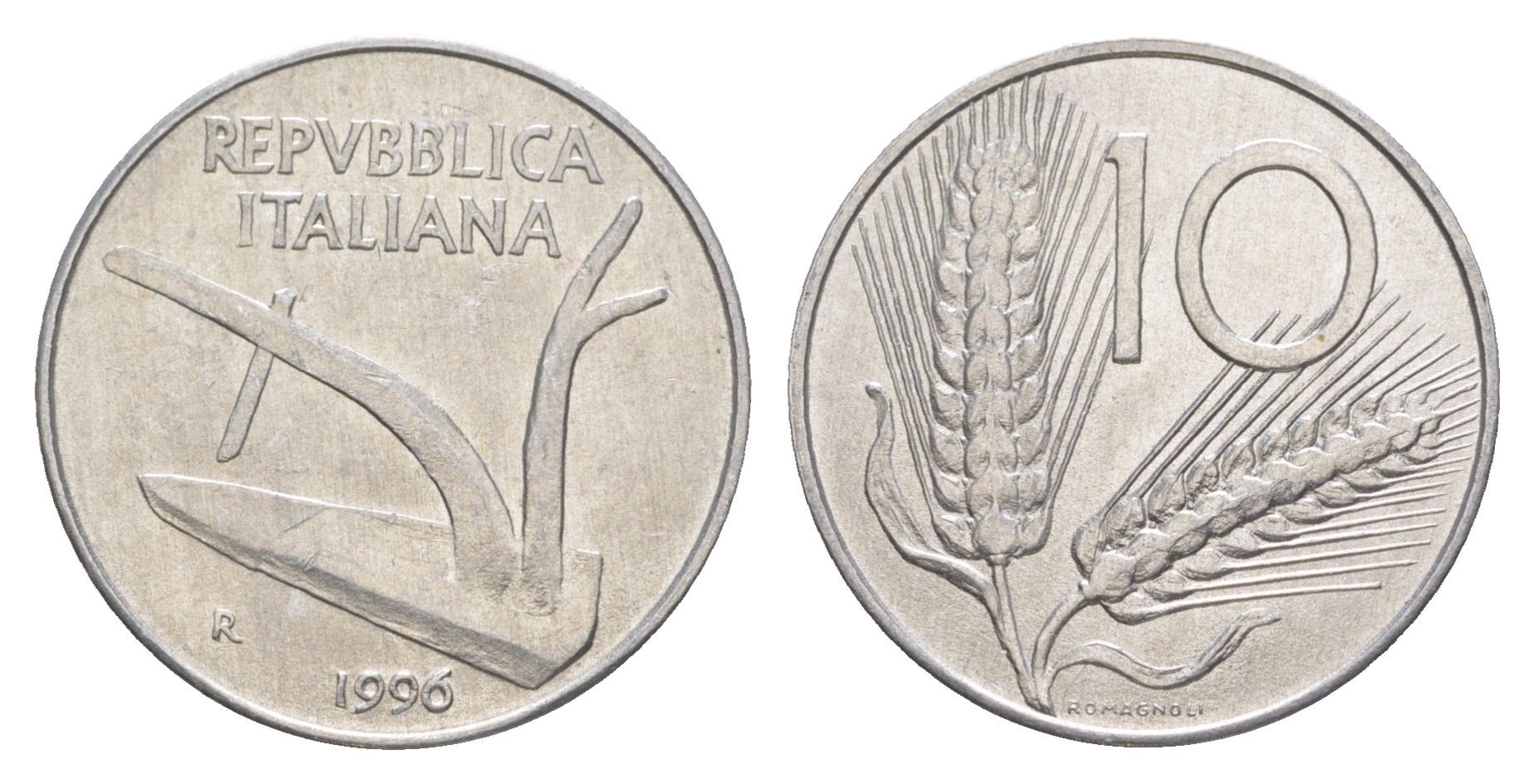 Италия 10 лир 1996 R, плуг, колосья KM 93 алюминий UNC 4551-951