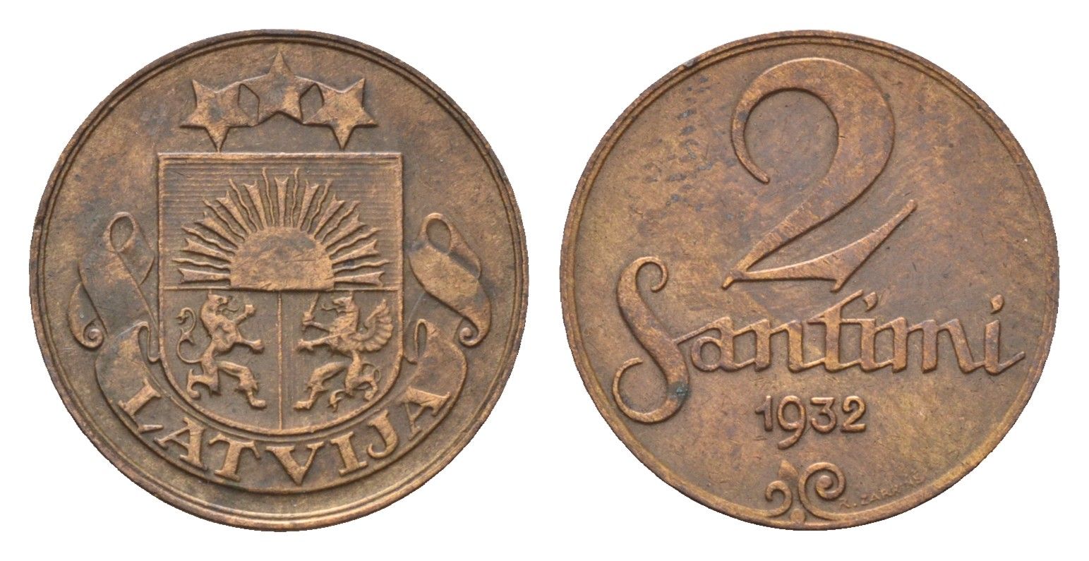 Латвия 2 сантима 1932 KM 2 бронза 4689-926