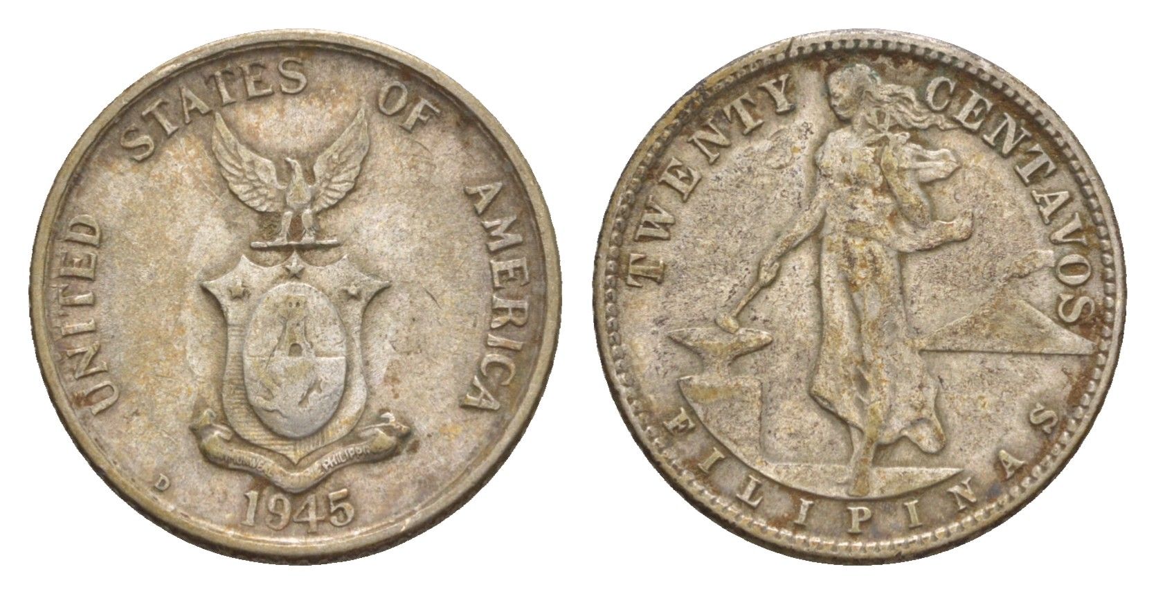 Филиппины 20 сентаво 1945 Администрация США KM 182 серебро 4655-647