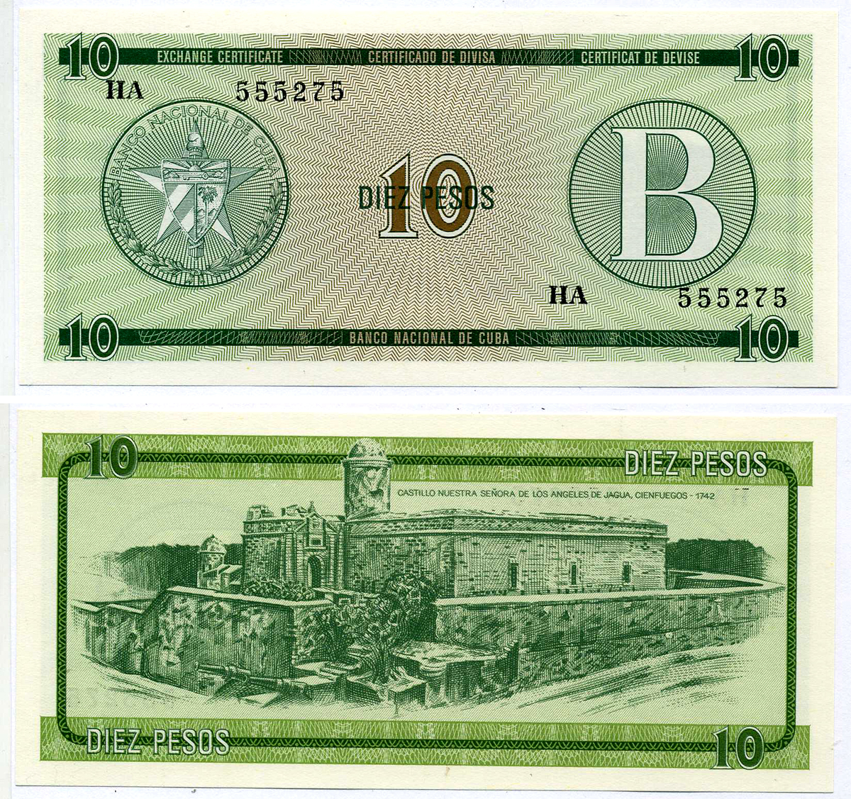 Куба, валютный сертификат 10 песо ND (1985) серия B, зеленая Pick FX 8 бумага UNC (пресс) 8589-50-2-1