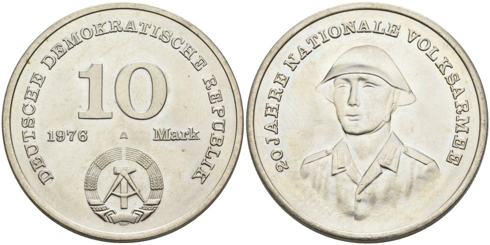 ГДР 10 марок 1976 А, 20 лет национальной народной армии KM 61, J. 1560 медь никель цинк UNC 4574-741
