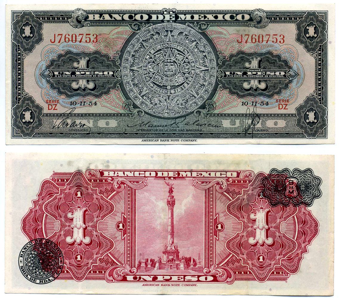 Мексика 1 песо 1954 10 ноября 1954, серия DZ Pick 56 a бумага 7148-10-3-2