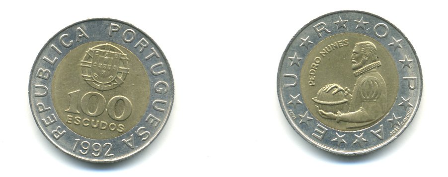 Португалия 100 эскудо 1992 Педру Нуниш (1502-1578), математик KM 645.1 биметалл 56-1026